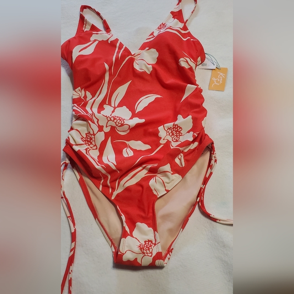 Kona Sol Orange and Cream Floral One Piece.   Sz L NWT